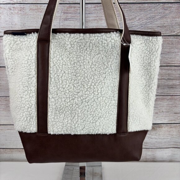 Lands End Sherpa Tote Bag Faux Leather Accents Cream Brown - Picture 4 of 15